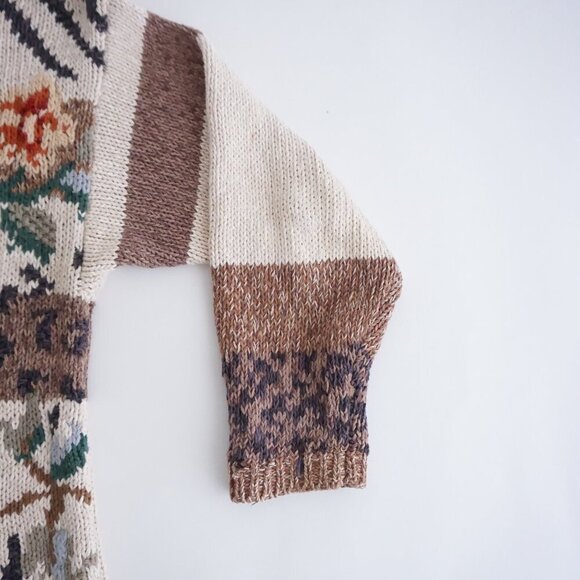 Vintage Tiara Cream Brown Knit Floral Knit Cotton Blend Crewneck Sweater XL - Picture 6 of 13